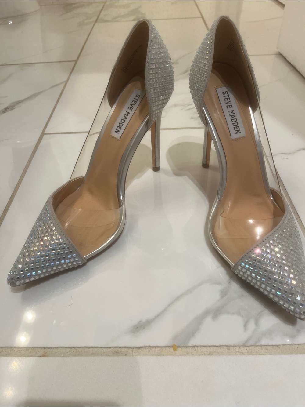 Steve Madden Silver Crystal Pointed-Toe Stiletto Heels with Clear Panels